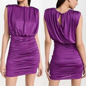 Veronica Beard Purple Ruched Mini Bodycon Luxury Dress Sleeveless Satin Size 0